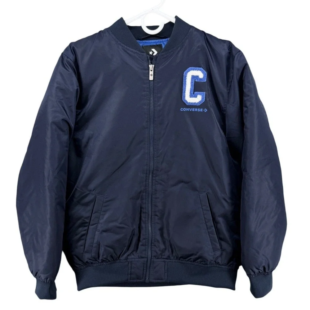 Converse‎ Navy Blue Bomber Varsity Jacket Full Zip Logo Back Coat Youth XL New